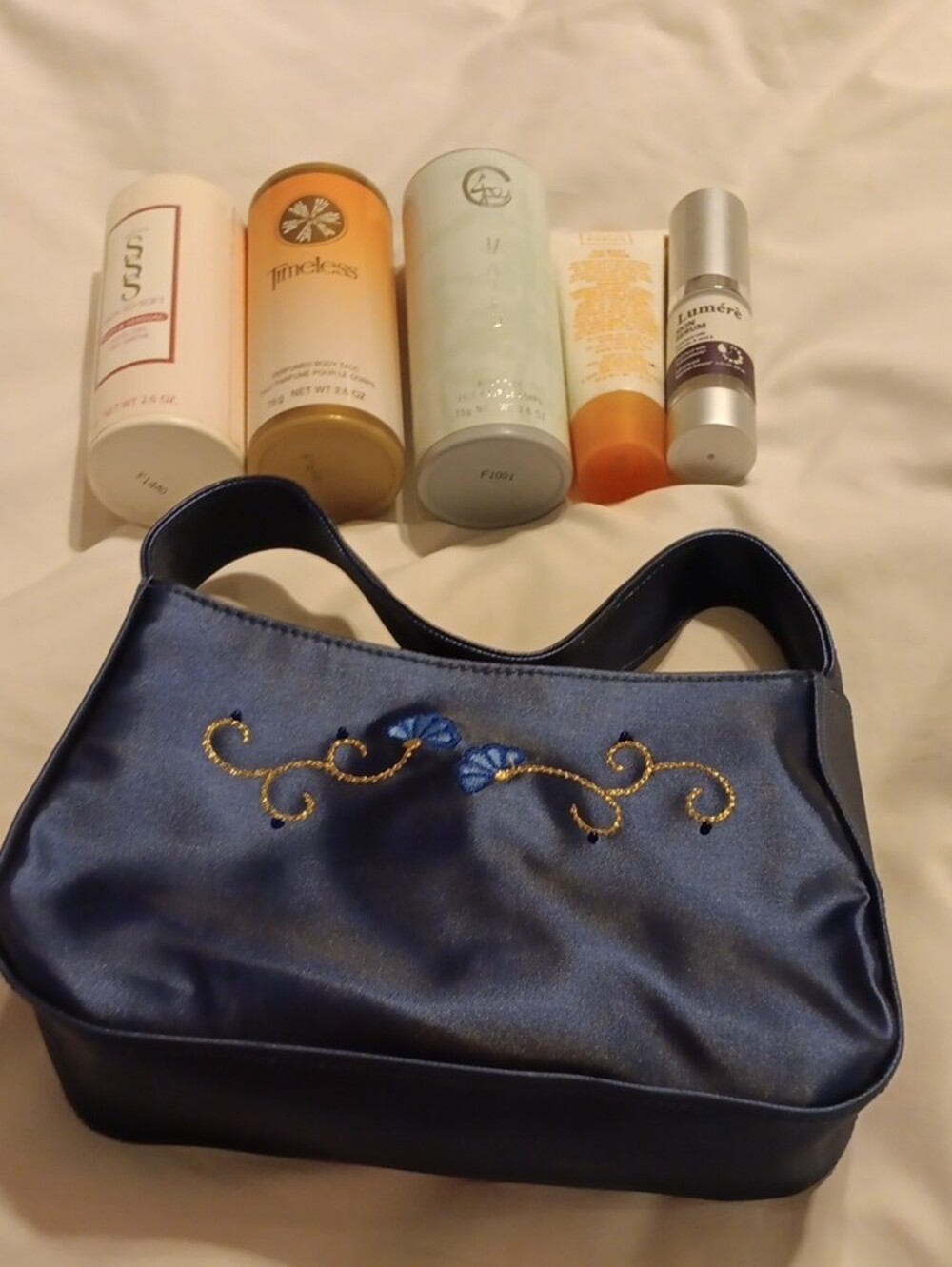Avon Navy Satin Shoulder Bag with Blue and Gold Embroidery 6 Pc